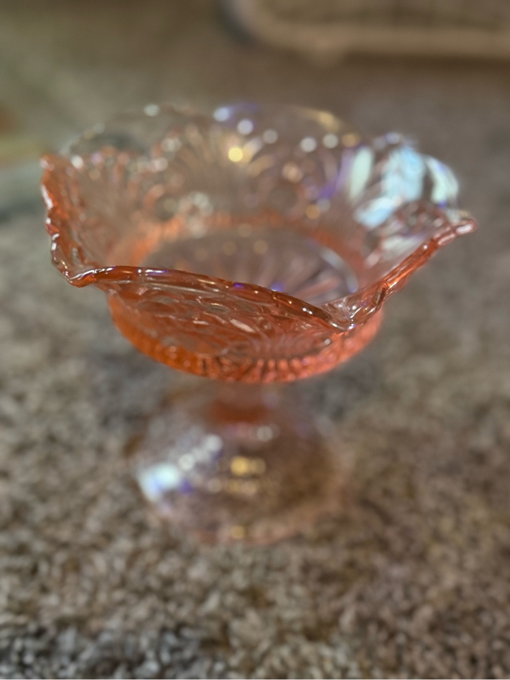 Decorative Pink Glass Compote Bowl - Elegant Floral Pedestal “strawberry”